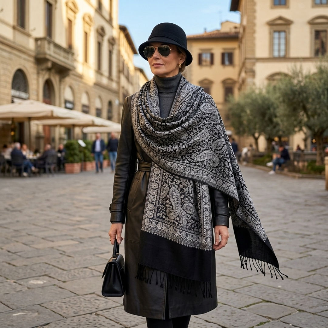 Black Stole With Contrasting Silver Embroidery